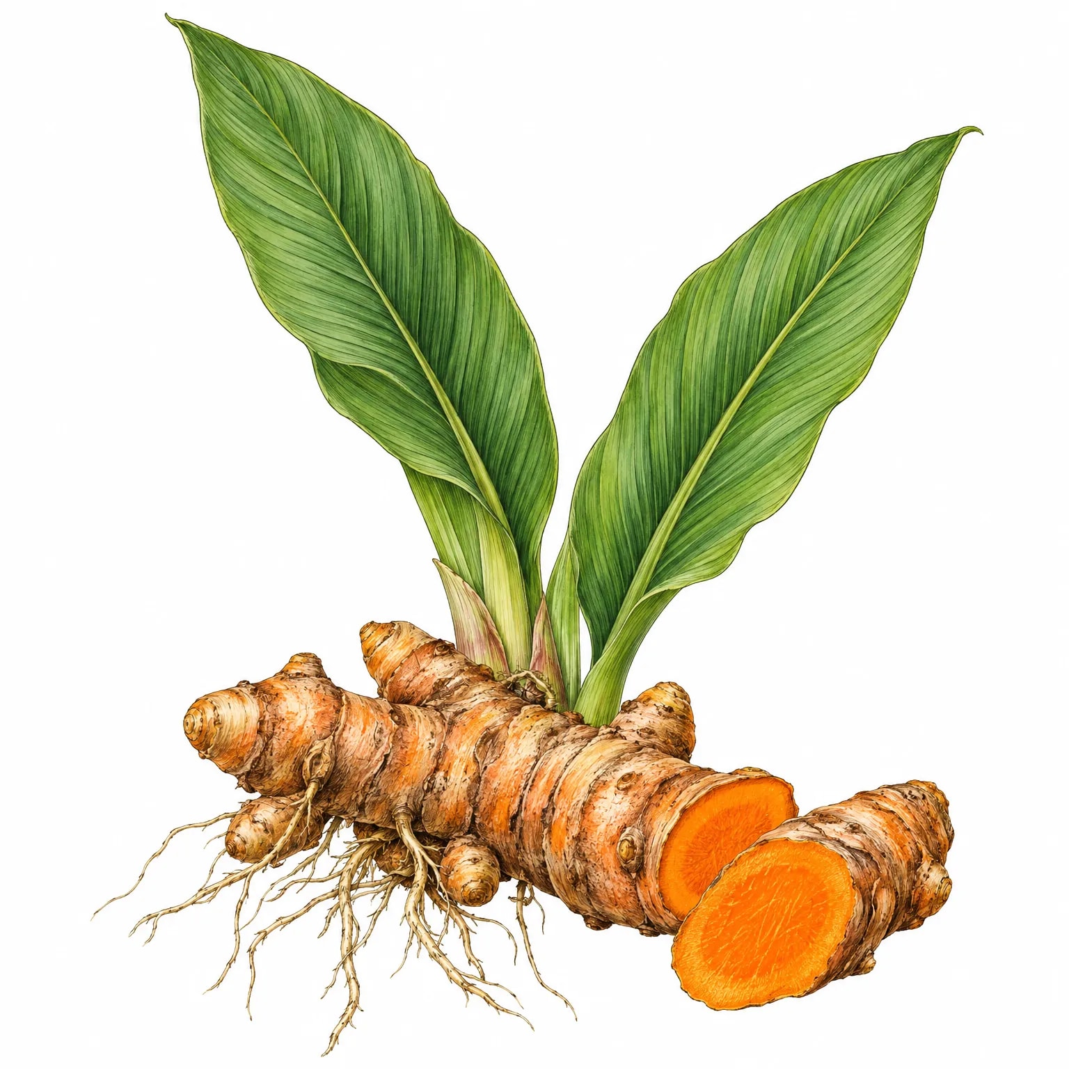 Fresh ginger root with vibrant yellow interior, botanical illustration