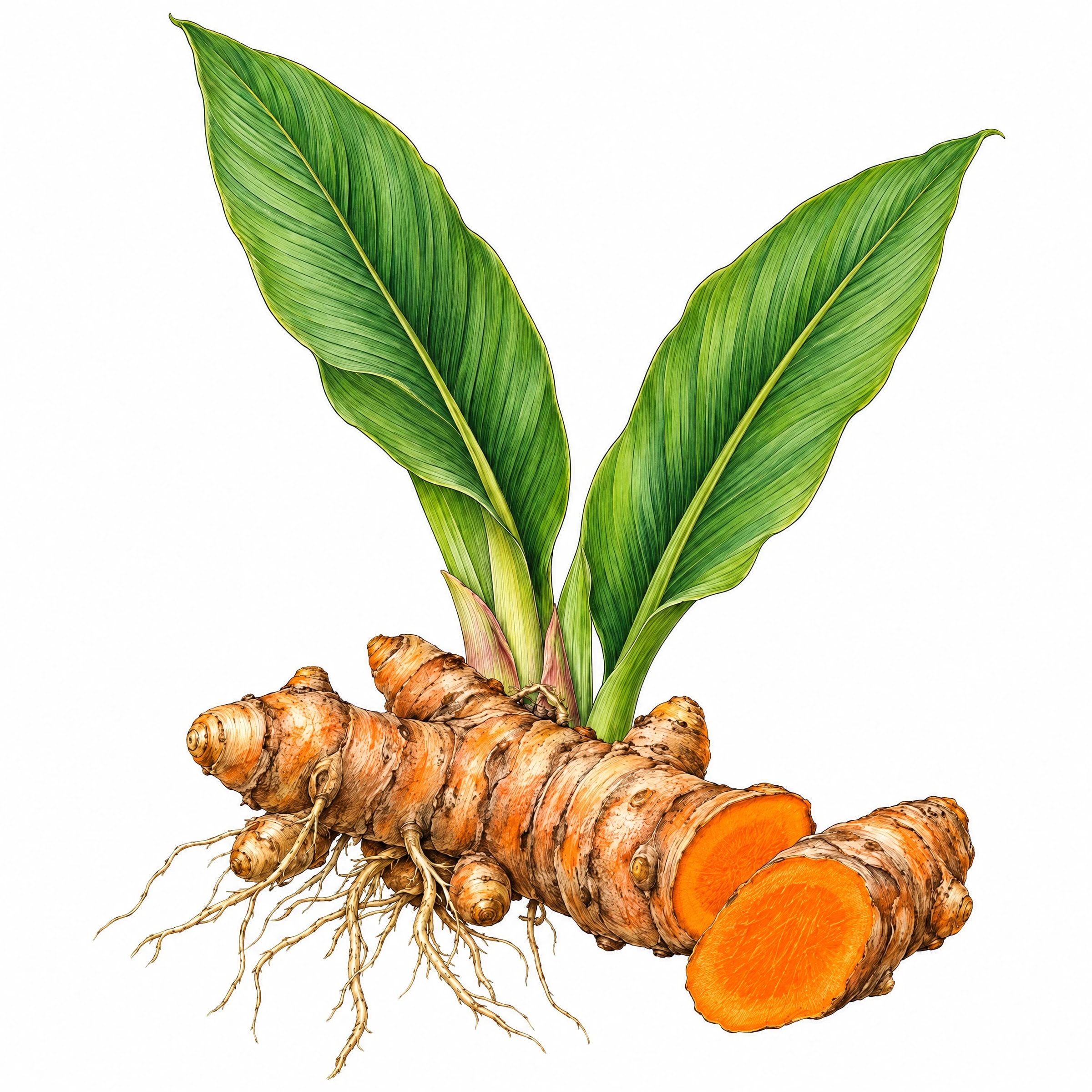 Botanical illustration of turmeric root, one piece cut to show its orange center