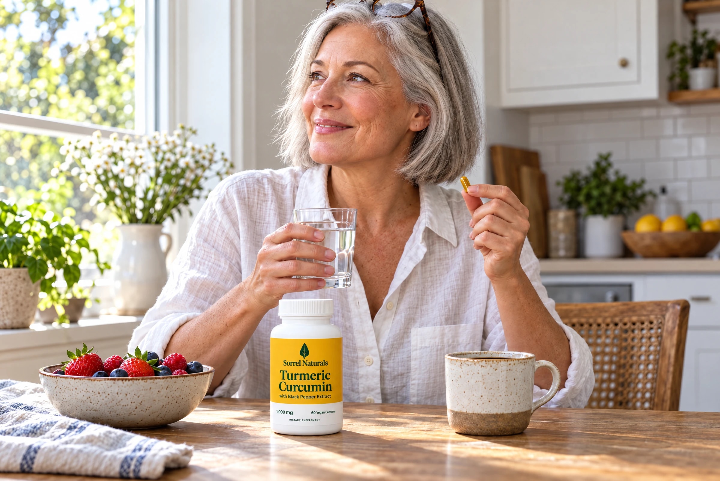 A woman at her kitchen table in the morning, a glass of water in her hand and the turmeric bottle beside her