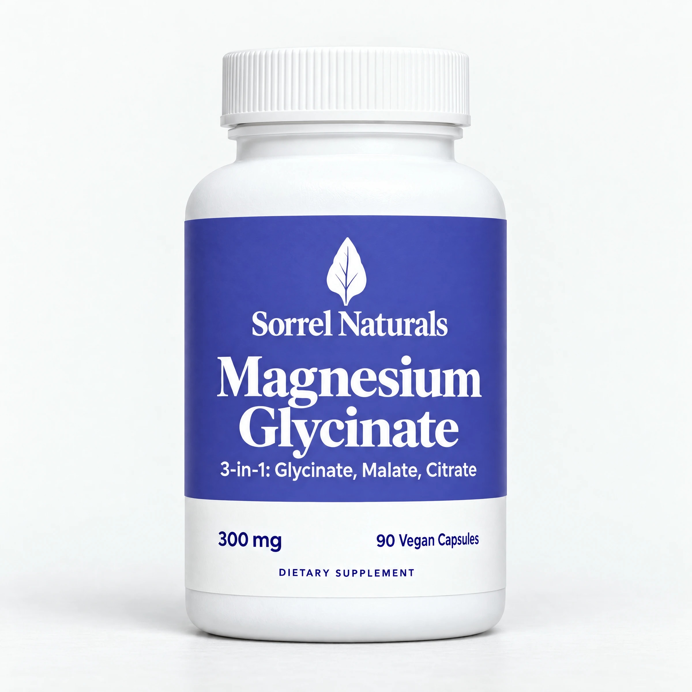 Sorrel Naturals Magnesium Glycinate bottle, twilight blue label, 300 mg, 90 vegan capsules