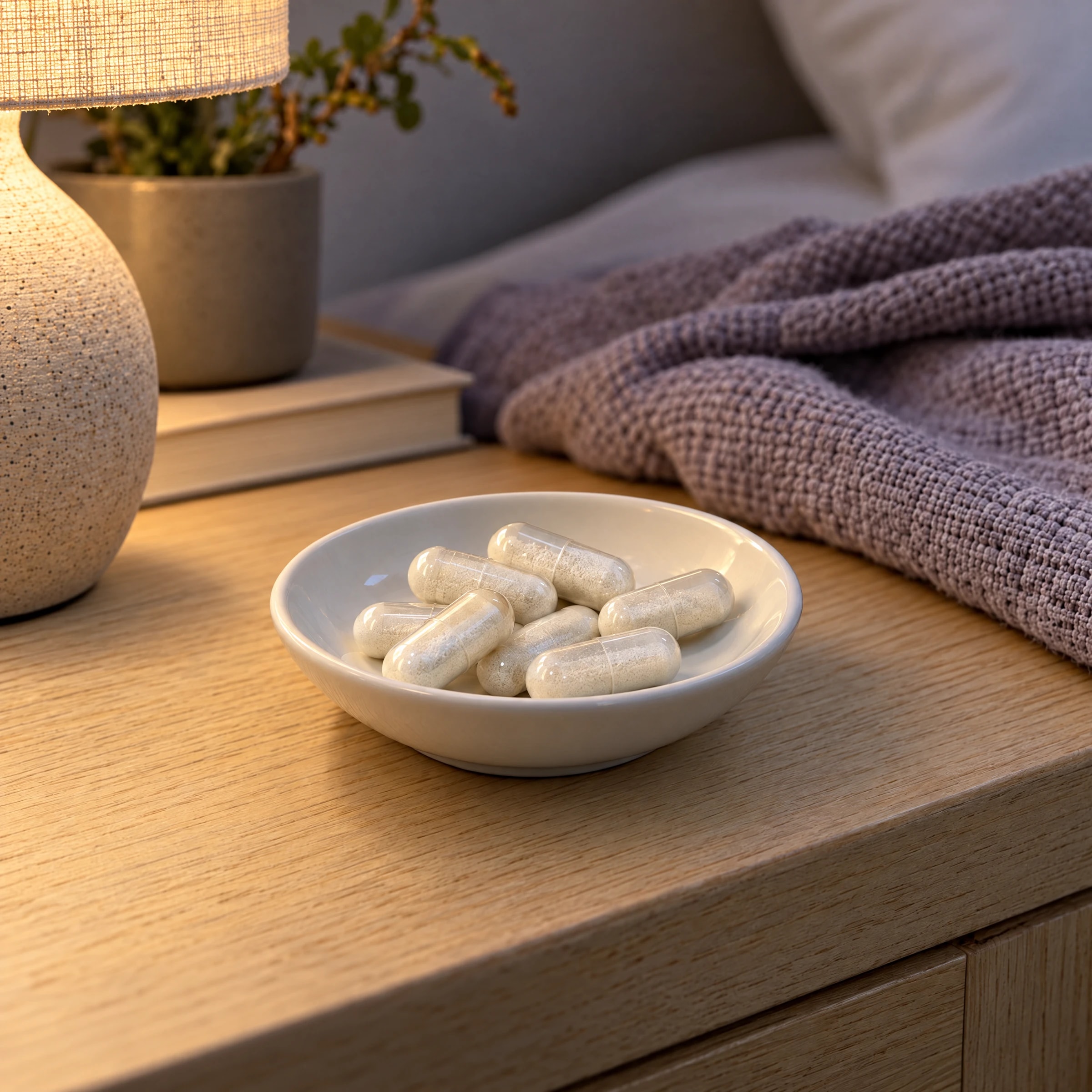 White magnesium capsules in a small dish on a bedside table in lamplight