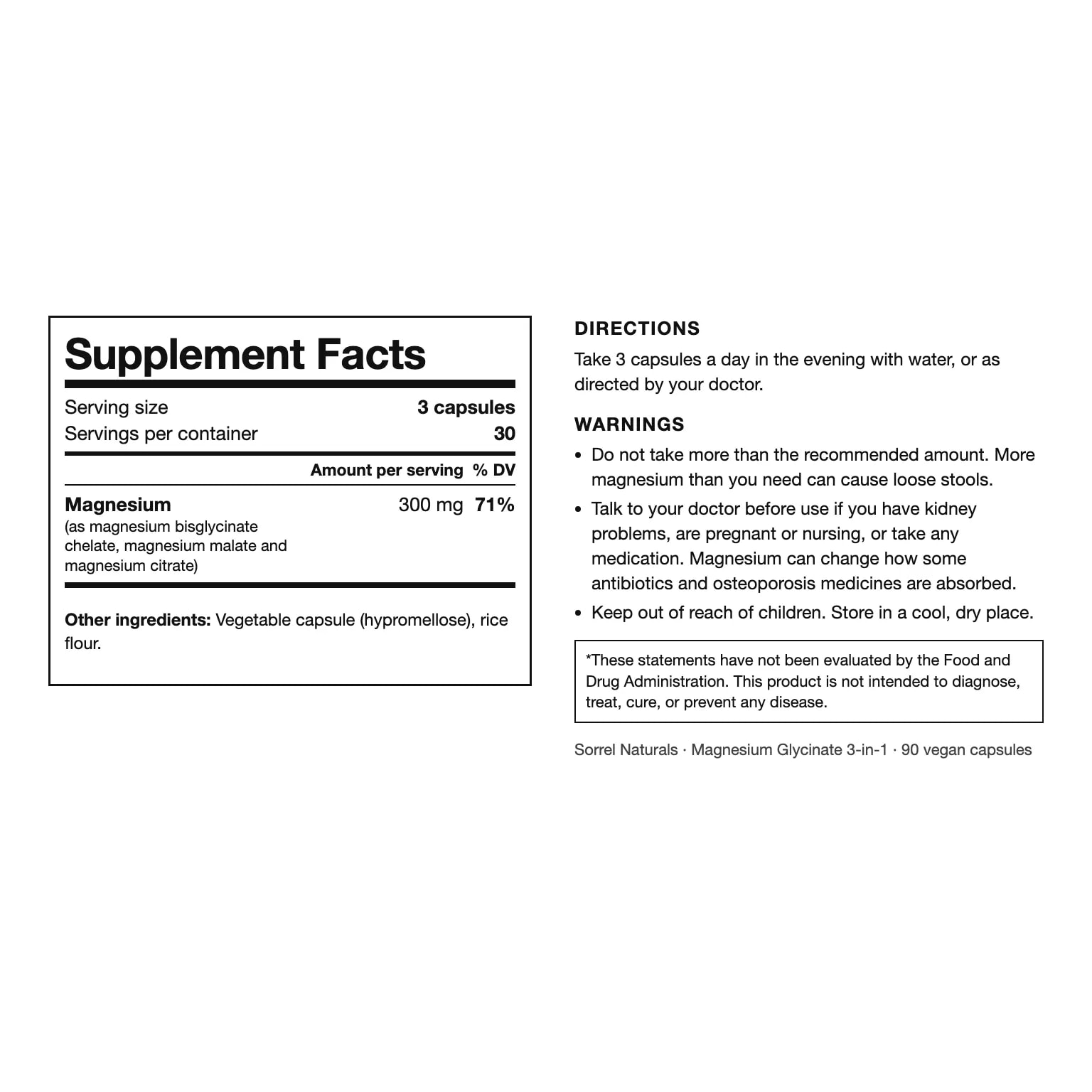 The back label of Sorrel Naturals Magnesium Glycinate: Supplement Facts, directions and warnings
