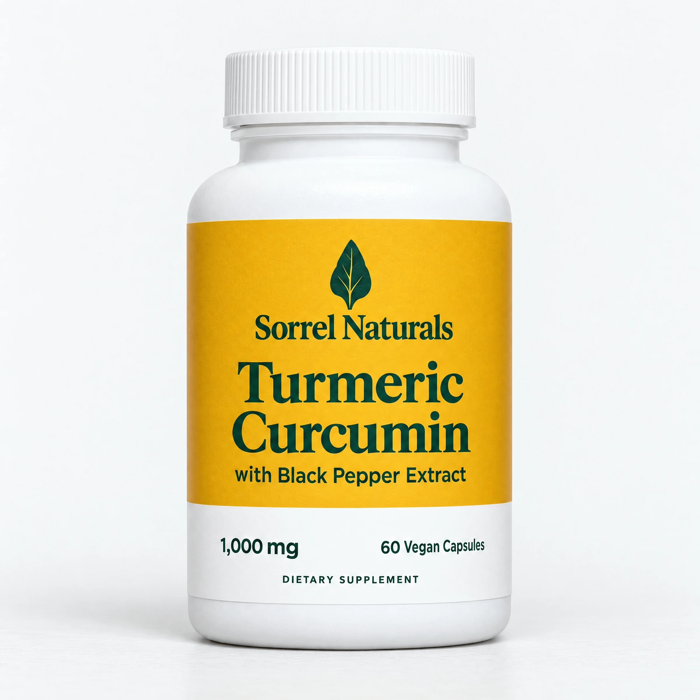 Sorrel Naturals Turmeric Curcumin bottle, saffron label, 1,000 mg, 60 vegan capsules