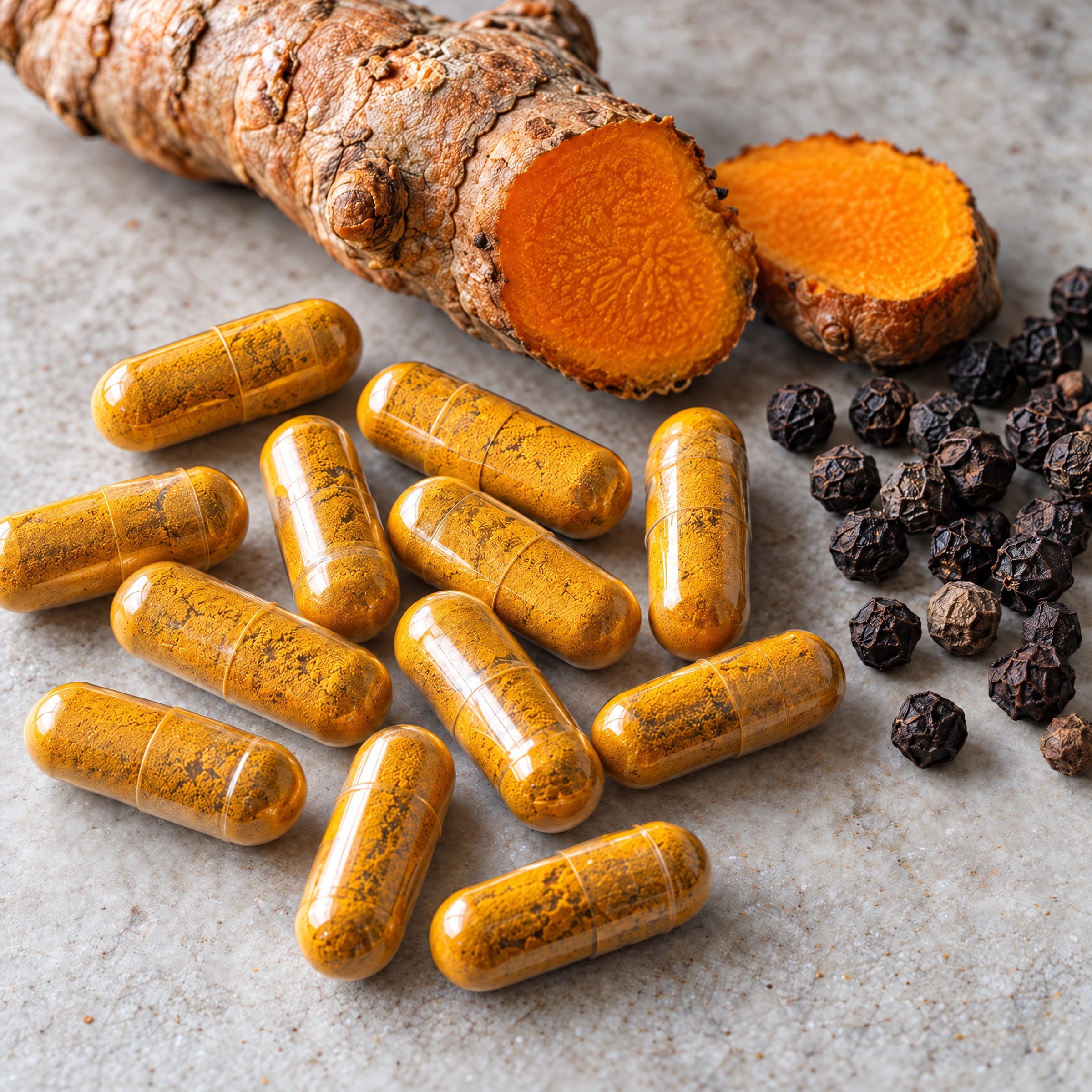 Golden turmeric capsules beside fresh turmeric root and black peppercorns
